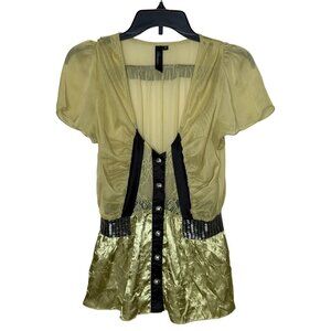 Boutique Sheer Green Black Med Top Beaded‎ Silver Buttons Y2K Whimsigoth Renfair